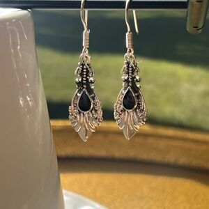 Vintage Sterling Silver Teardrop Dangle Earrings Black Stone